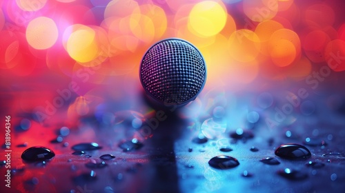 Microphone on stage with blurred colorful lights in background