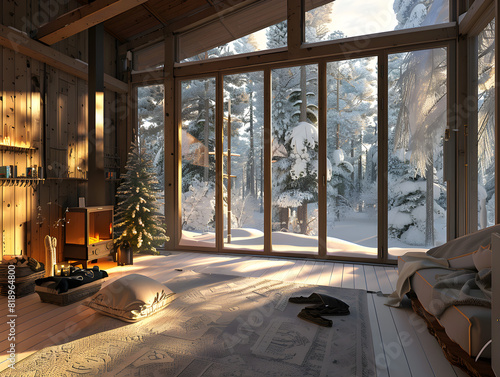 Cozy Winter Cabin Interior with Fireplace, Christmas Tree, and Snow Forest View through Floor-to-Ceiling Windows Warm Rustic Decor with Wood Details, Plush Rug, Scattered Pillows, and Festive Cheer