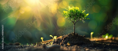 Young plant growing in soil under sunlight, symbolizing new beginnings, growth, and nature's resilience.
