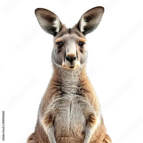 A kangaroo is standing on its hind legs, looking at the camera. It has a joey in its pouch.