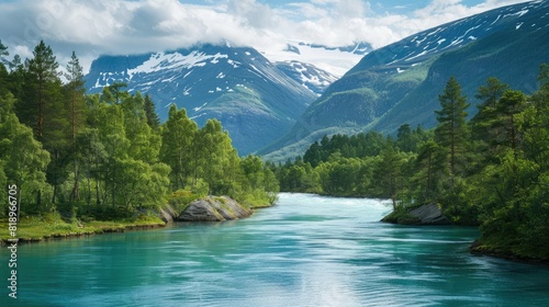 forest and the crystal blue river in Jotunheimen National Park 