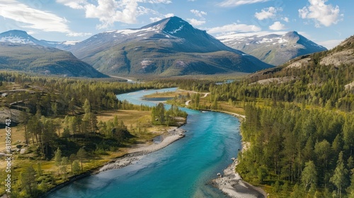 Scenic aerial view of the mountain landscape with a forest and the crystal blue river in Jotunheimen National
