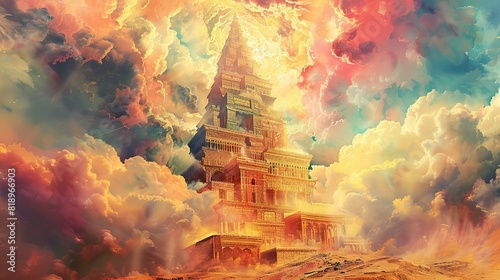 a castle or fortress on a rocky hill. The sky is a stormy blue and orange, with clouds and rays of light.