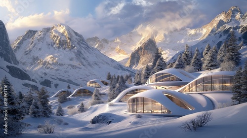 A luxurious futuristic ski resort nestled in a snow-covered alpine valley, featuring sleek chalets with panoramic windows offering breathtaking views of towering peaks and pristine slopes.