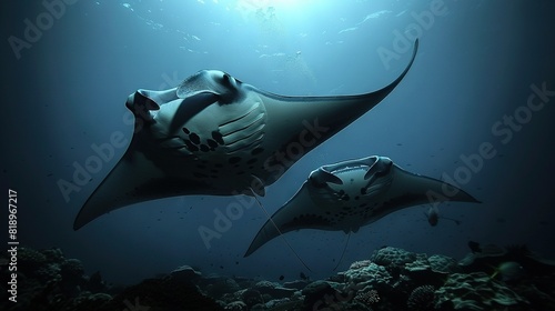  A manta ray glides through the ocean alongside another manta ray
