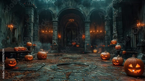A large hall with many pumpkins and candles