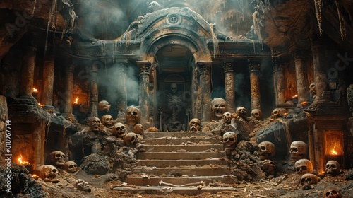 A room full of skulls and bones with a large archway