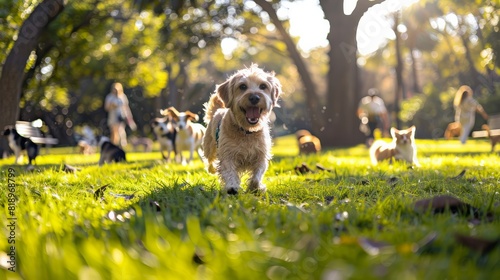 Pet Friendly: Capture a joyful scene in a pet-friendly park with dogs playing fetch, cats lounging, and pet owners socializing. The park is green and spacious with trees, benches, and a designated are