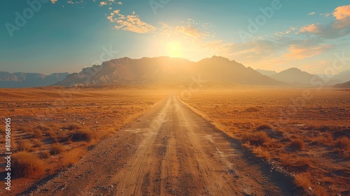 A road in the desert with a sun in the sky