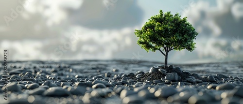 Single green tree growing in barren rocky ground under cloudy sky, symbolizing resilience, nature conservation, and hope.
