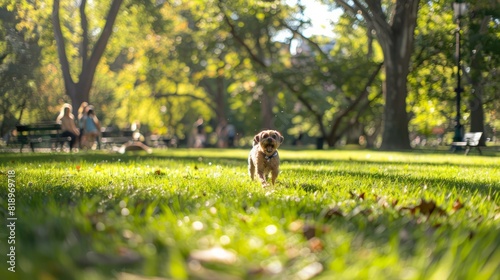 Pet Friendly: Capture a joyful scene in a pet-friendly park with dogs playing fetch, cats lounging, and pet owners socializing. The park is green and spacious with trees, benches, and a designated are