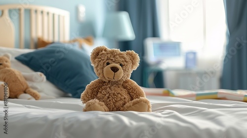 A brown teddy bear is sitting on a bed with blue sheets and a blue blanket.