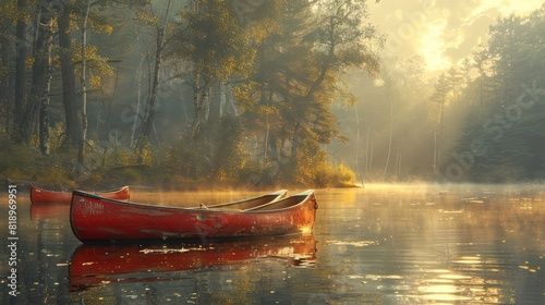 A red canoe sits in a lake, surrounded by trees