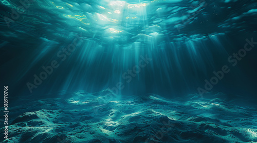 Underwater seascape with sun rays filtering through the water, highlighting the ocean's depth and tranquility.