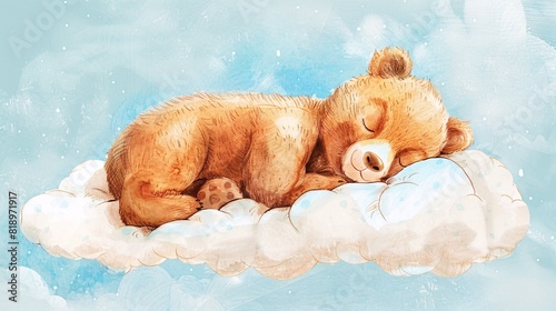 A sleeping bear, illustrated in watercolor, resting on a cloud, with a lullaby theme generated by AI.
