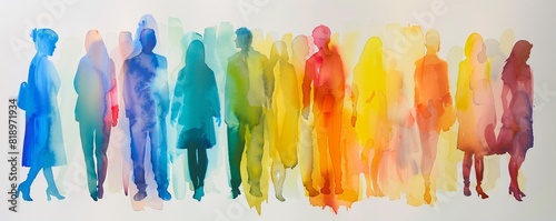 A spectrum of colorful silhouettes of people, painted in watercolor against a clean, white backdrop.