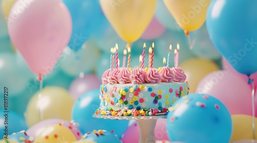 There is a birthday cake with lit candles on a table, surrounded by many variously-colored balloons.