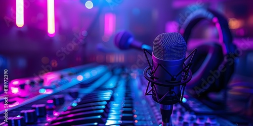 Closeup of microphone and headphones in neon lighting in a recording studio. Concept Recording Studio, Neon Lighting, Closeup Shots, Microphone, Headphones