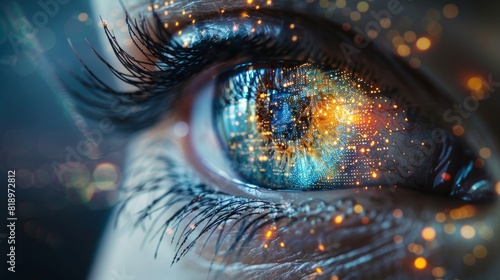 The future vision: a close-up of a human eye illuminated with colorful lights and data in digital augmented reality