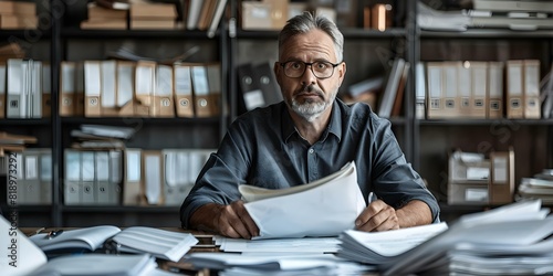 Image of frustrated retiree organizing charity fundraiser amidst cluttered desk paperwork. Concept Cluttered workspace, Frustrated retiree, Charity fundraiser, Organizing paperwork