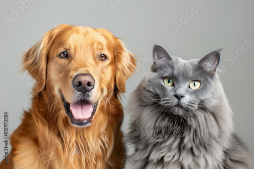 happy golden retriever dog and maine coon cat on pastel background