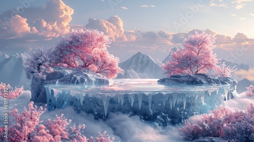 A beautiful scene of a frozen lake with two trees on either side