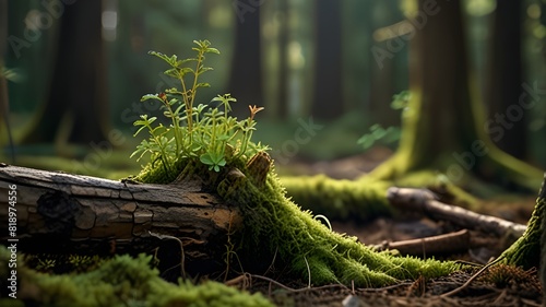 tree in the forest A young shrub sprout is encased in woodland moss and growing inside a dead wood stump. Conceptual representation of the life force and the return of nature using generative artifici