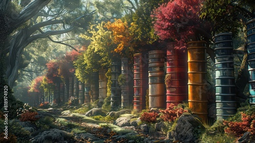A forest with many barrels of different colors