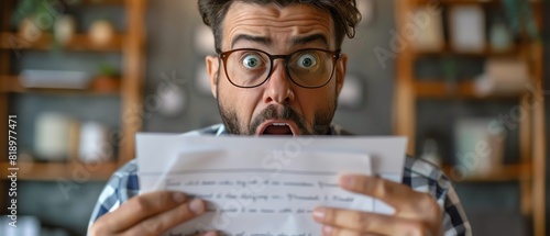 Man with shocked expression holding documents, wearing glasses. Background includes shelves and decor. Expression of surprise or financial stress.