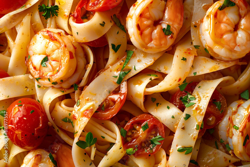 close-up fettuccine pasta with shrimp tomatoes and herbs