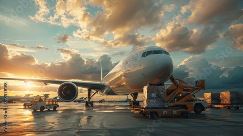 A cargo plane being loaded with goods at an airport, representing global logistics and air freight operations