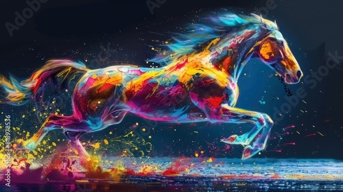 Colorful galloping horse abstract paint splash acrylic painting. colorful paint splatter banner of fast horses 