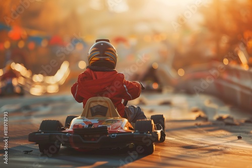 A picturesque scene of a family enjoying a day of go-karting together, with a cute kid, aged 6, riding in a pastel-colored kart between their parents' karts. Captured from a medium distance, the image