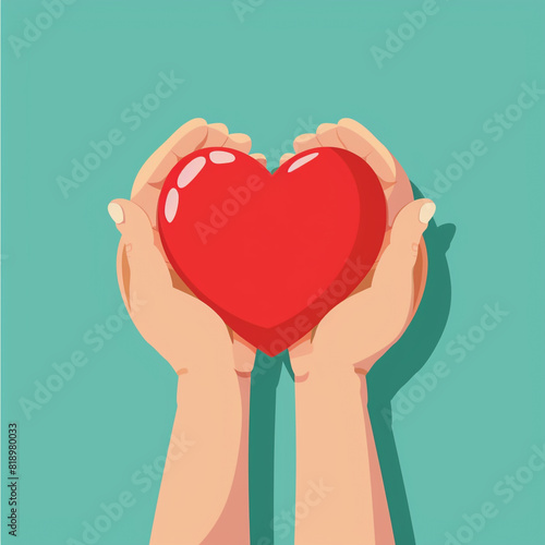 Illustration od a person is holding a red heart in their hands. Concept of love, care and warmth.