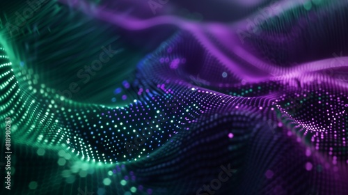 : An abstract background featuring a gradient blend from emerald green to deep purple, with dynamic, sparkling dots creating a sense of movement and energy.