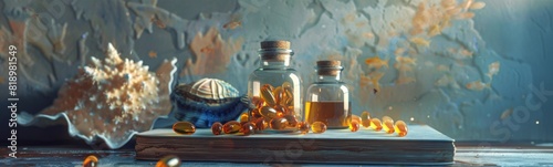 Bottles of oil and some oranges on a table, supplements concept