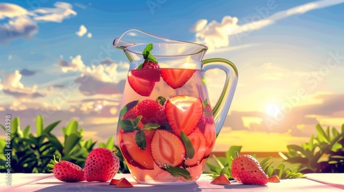 A pitcher of strawberry water sits on a table with a view of the sky