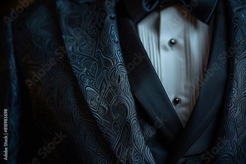 Close-up of an elegant black men's suit with intricate patterns, showcasing fine tailoring and sophisticated style.