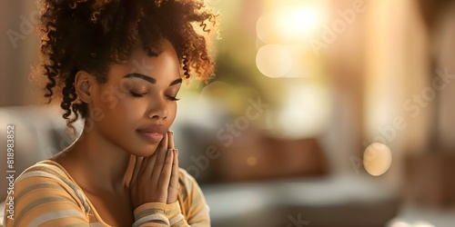 Christian woman praying in living room seeking help guidance and spiritual grace. Concept Faith, Prayer, Guidance, Motherhood, Spiritual Growth