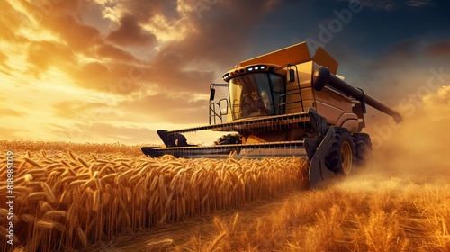 Agricultural combine for harvesting crops in the field. Concept: food supplies and world hunger problems, grain for export and import.