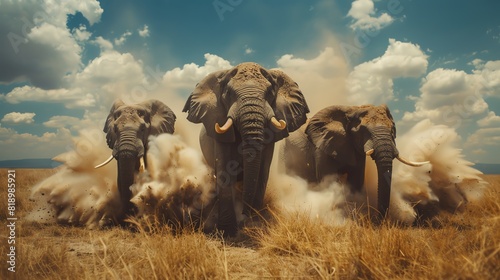 A group of large elephants during the mating dance, with a focus on one elephant as it trumpets and displays to attract a mate