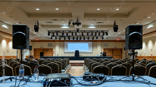 Conference Room Set Up for Presentation with speaker and stage.