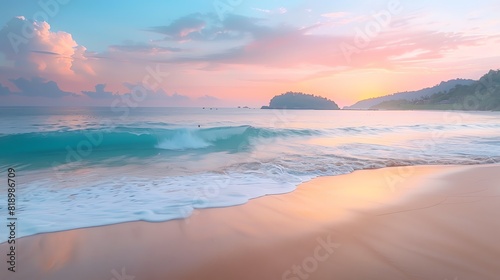A tranquil shot of the serene Nai Harn Beach at dawn, with soft waves lapping against the shore and a few early risers practicing yoga