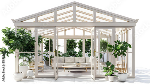 Scandinavian-inspired conservatory with lots of natural light isolated on white background, hyperrealism, png 