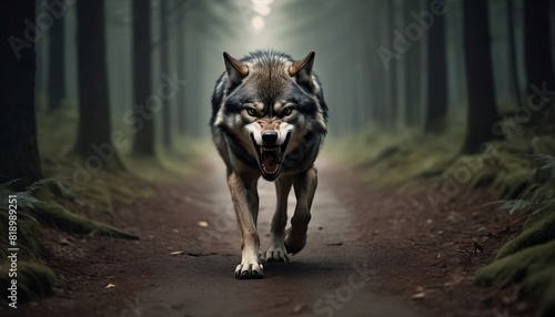 Angry lone wolf walking alone in a forest path, showing teeth, front face ready to attack 4k wallpaper created with generative ai
