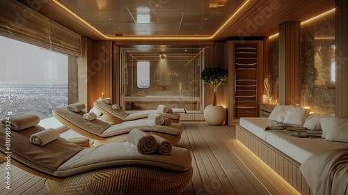 Photo of the spa and wellness center aboard a luxury cruise ship, featuring massage rooms, a sauna, and an oceanview relaxation area