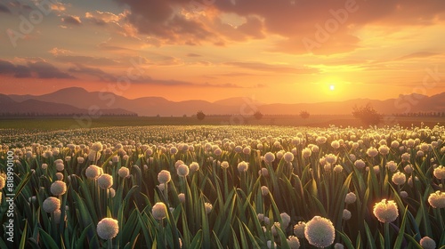 Full bloom onion organic farm in the morning with sun rise. Created using generative 