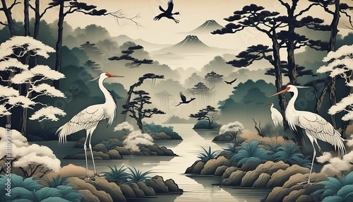 drawing wallpaper of a landscape of birds crane in the middle of the forest in Japanese vintage style created with generative ai 