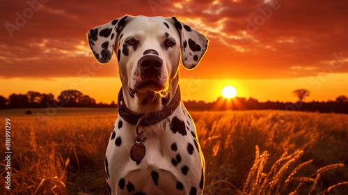 A breathtaking sunset casting a warm glow on a Dalmatian standing proudly in a field, creating a truly magical and enchanting moment.
