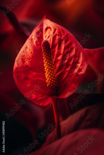 red spadix on muted velvet red background , dramatic elegant floral photography, romantic botanical display, luxurious greeting card 